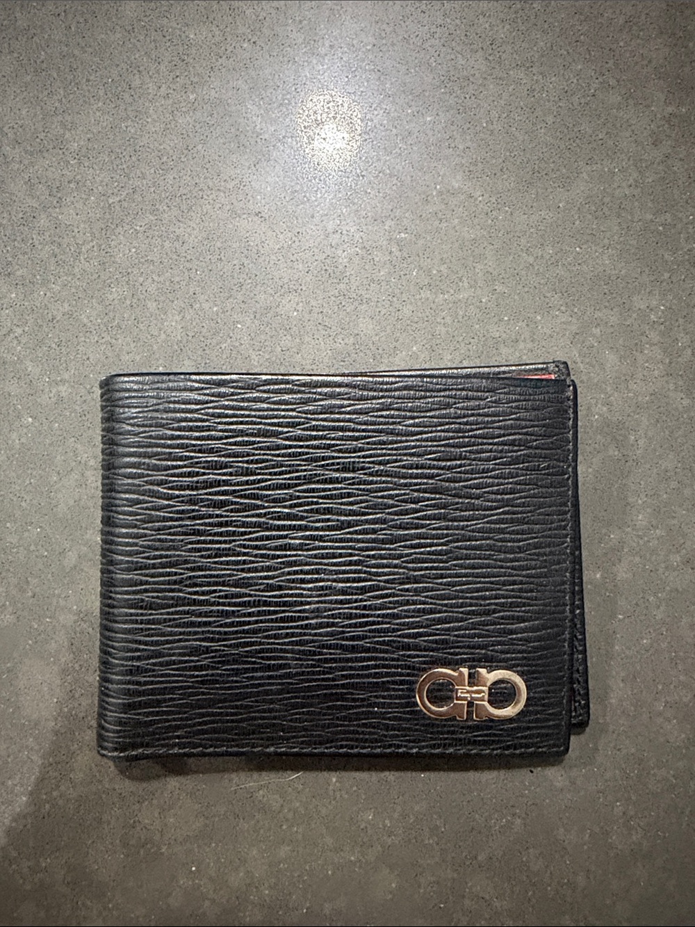 Ferragamo Men's Black Leather Bifold Wallet with Signature Metal Logo